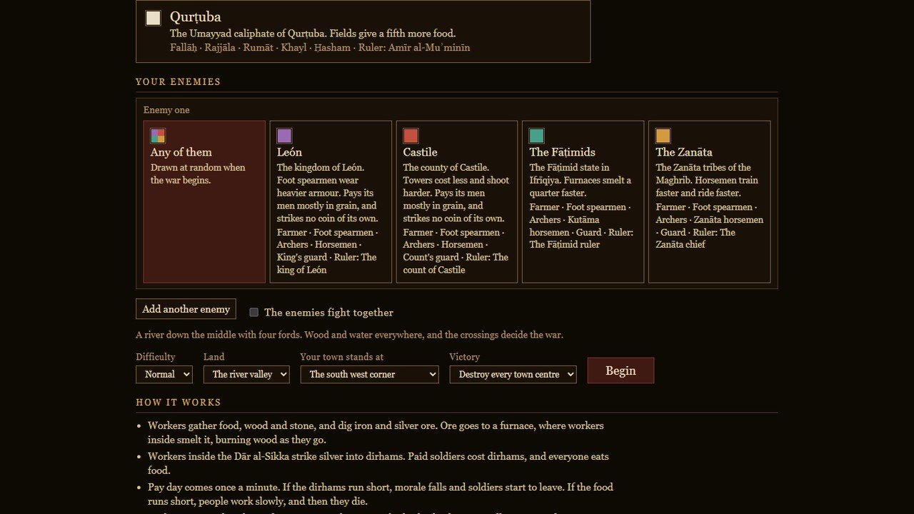 The start screen: your people, your enemies, the land, and where your town stands