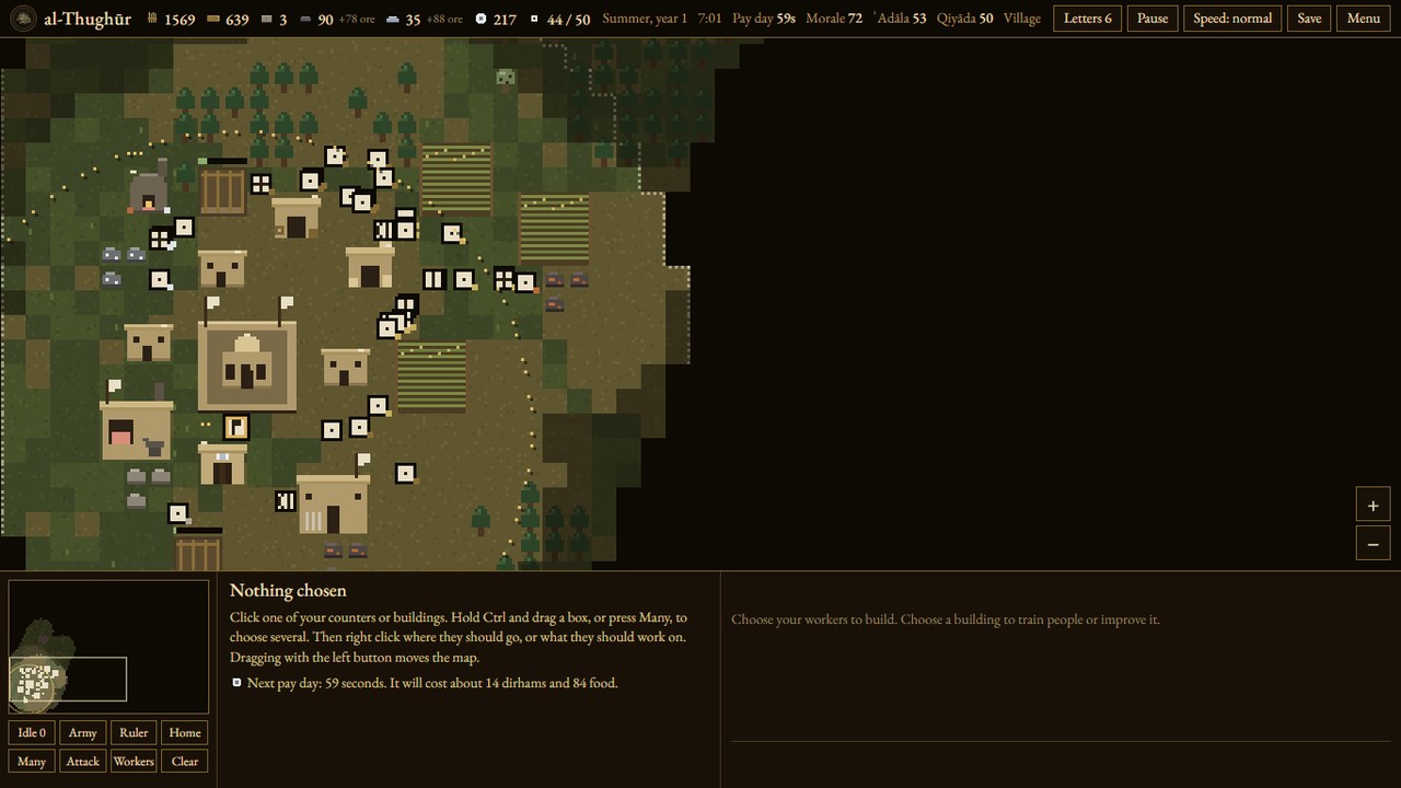 The town at work: houses, fields, a furnace, workers carrying wood and ore