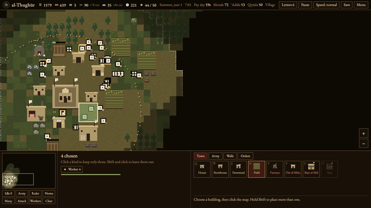 The build grid at the bottom of the screen, with a field held ready to place