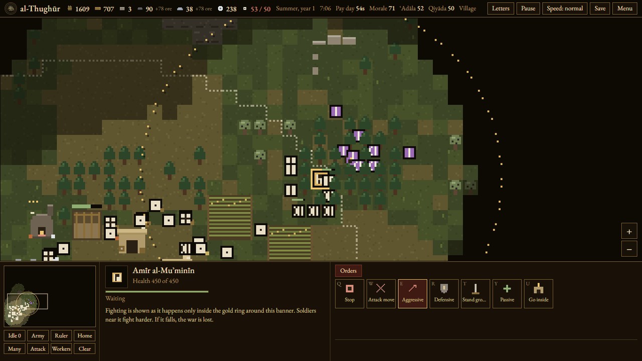A battle drawn in full, inside the gold ring around the ruler's banner